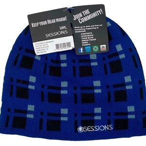 🧢SESSIONS BLUE & BLACK CHECK BEANIE/HAT. NEW WITH TAGS!
